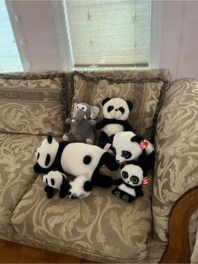 6 Panda Plush - Black & White + Bonus Elephant